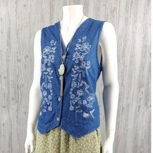 Vintage Denim Vest Floral Button Jean Coastal Cowgirl Cottagecore Grandma Chic
